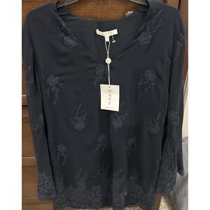 WAYF Navy Blue Floral Embroidered‎ Tunic Blouse Top Women's Medium NWT
